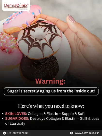 This graphic explains how sugar damages collagen and elastin, the proteins that keep skin supple and soft. This destruction leads to stiffness and a loss of elasticity.