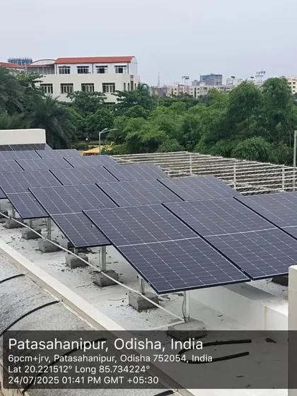 A geotagged image of the 10 kW hybrid system at CV Raman Global University in Patasahanipur, Odisha. Our installations across India are documented for quality assurance and transparency.