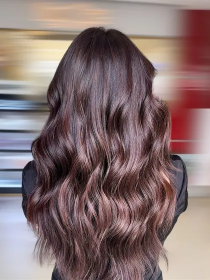 Another angle of this stunning chocolate balayage, showing how the color looks against a different background. The warm tones are rich and create a beautiful contrast, making the hair appear full and healthy.