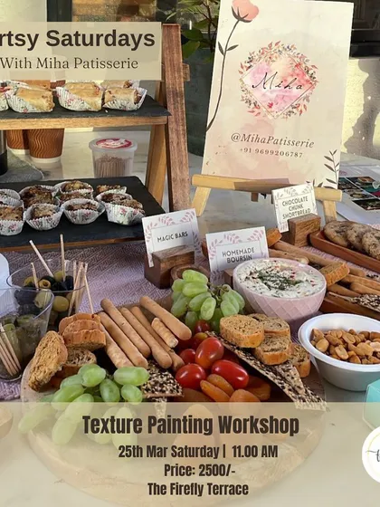 Join us for an Artsy Saturday featuring a texture painting workshop, complete with delicious finger food from a local patisserie. You'll learn gold foiling techniques and create two beautiful canvases from scratch.