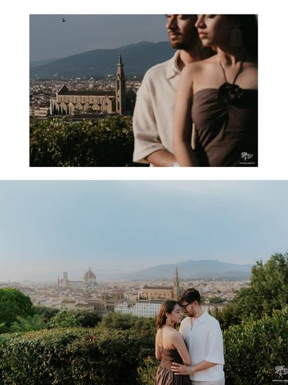 A two-part portrait of a couple with the Florence skyline in the background. The images are moody and artistic, focusing on their connection against the historic backdrop.
