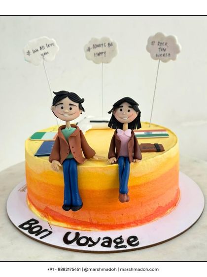 A sweet send-off! This Bon Voyage cake was made for someone moving abroad. The client shared every detail, from the couple's outfits to the flags, and I brought it to life with 100% edible, handcrafted toppers.