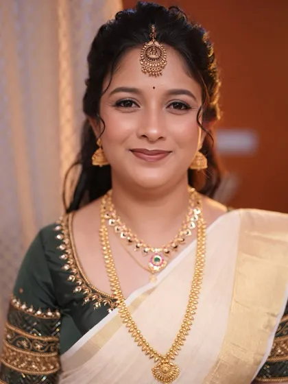 This is a perfect example of my signature subtle makeup style. For this Kerala bride's muhurtham, I focused on creating a dewy, 'glass skin' finish that looks fresh and natural, enhancing her features without feeling heavy.