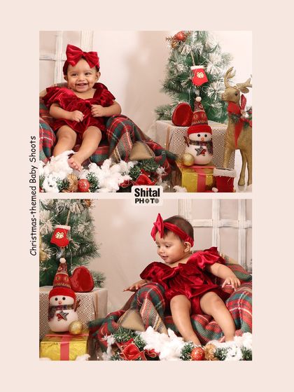 A collage of a baby girl in a red velvet romper enjoying her Christmas-themed session, complete with a tree, presents, and a reindeer.