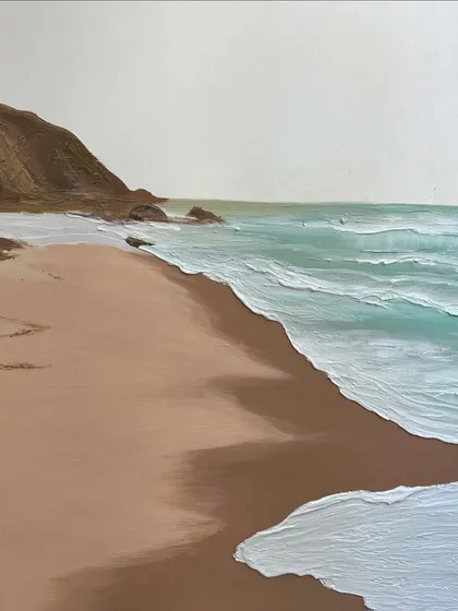 A serene beach scene, measuring 3ft x 4ft, painted for a client in Mumbai. I used texture for the seafoam to give it a realistic, three-dimensional feel.