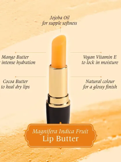 The Magnifera Indica Fruit Lip Butter offers intense hydration. It combines Mango and Cocoa butter to heal dry lips and locks in moisture with vegan Vitamin E for a glossy finish.