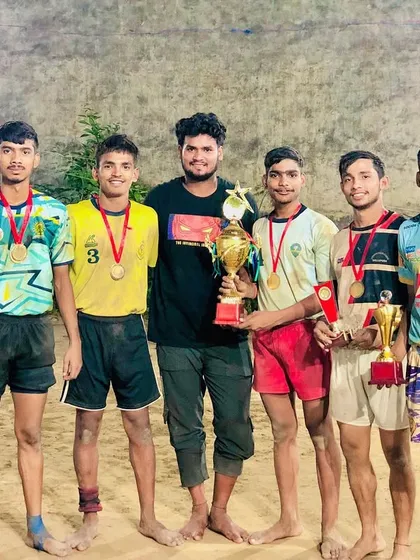 The coach with the winning team at the Ujada Modinagar kabaddi tournament.