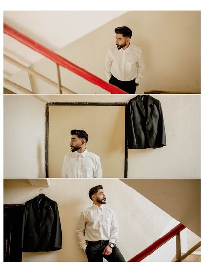 A collage of the groom getting ready. These artistic shots capture him before he puts on his jacket, creating a modern and stylish groom portrait.