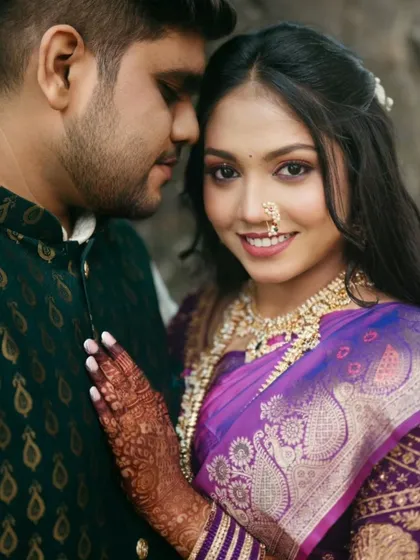 A portrait of the bride-to-be, Ashlesha, looking radiant in her vibrant purple Paithani saree. My goal is to capture your personality and the intricate details of your engagement look.
