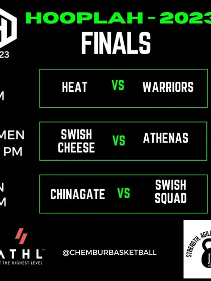 The finals schedule for Hooplah 2023, listing the matchups for U-16, Women, and Men.