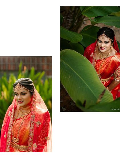A diptych of a gorgeous bride in her red wedding saree. We used natural elements like lush green leaves to frame her and add a pop of color.