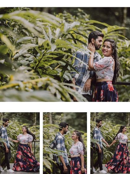 A collage capturing the candid interactions and loving glances between a couple during their pre-wedding shoot amidst lush foliage.