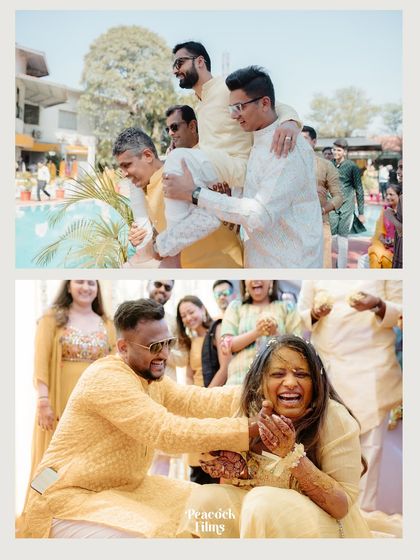 A collage of fun and chaotic moments from the Haldi ceremony, from the groom being carried by his friends to the bride's joyful laughter.