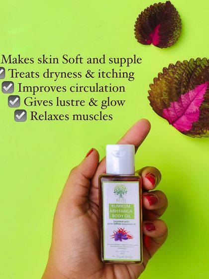 You might just forget what a moisturizer is after trying my Kumkum Abhyanga Body Oil. This 100% organic oil treats dryness, improves circulation, and gives your skin a beautiful lustre and glow.