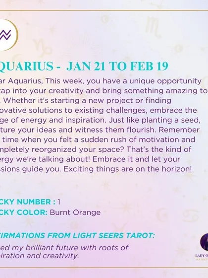 An inspiring weekly tarot forecast for Aquarius. This is a unique opportunity to tap into your creativity and bring something amazing to life, like starting a new project.