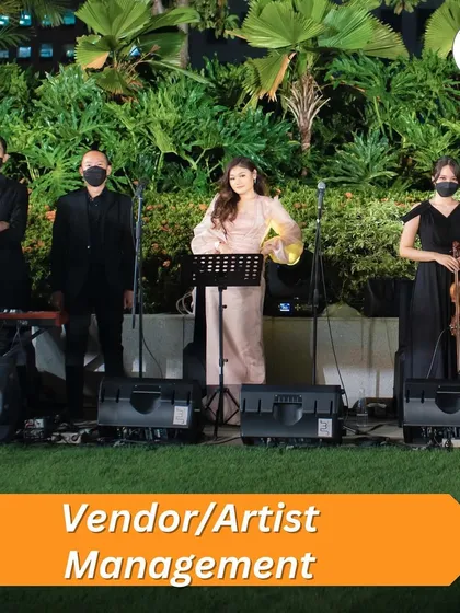 Vendor & Artist Management: We act as your single point of contact, coordinating with all vendors including photographers, caterers, and entertainers. This image shows a live band we managed for a garden ceremony.