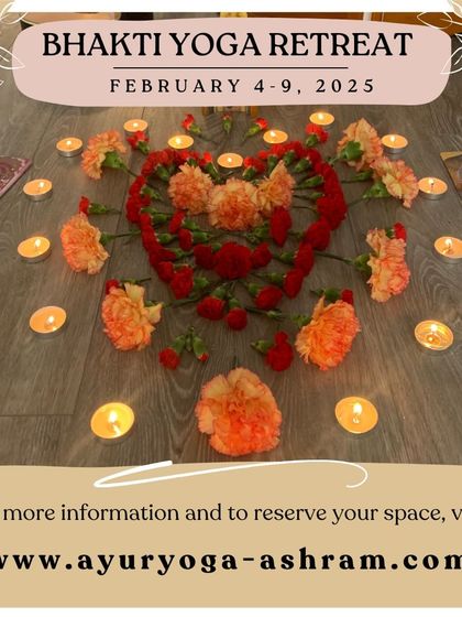 An invitation to our Bhakti Yoga Retreat, a path of devotion explored through song, dance, and art. This image shows a heart-shaped flower mandala created for a ceremony.