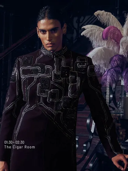 Here, couture meets control. I designed this piece with architectural threadwork and bold asymmetry to create a look that is both structured and fluid. It is a testament to quiet extravagance, for the man whose presence is his statement.