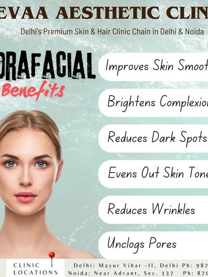 This visual lists the comprehensive benefits of a HydraFacial, from improving skin smoothness and brightening the complexion to reducing dark spots and wrinkles.