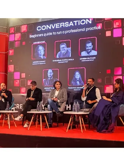 The full panel on stage during the 'Beginner’s Guide to Running a Practice' discussion. Events like these provide an invaluable platform for experienced professionals to share their knowledge with aspiring designers.
