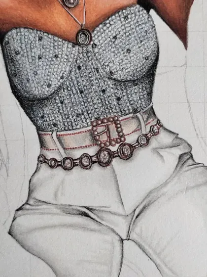The second stage of the silver outfit drawing, with the sparkling corset and detailed belt now complete.