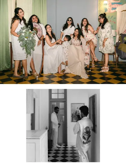 A collage of candid moments with friends and family. It shows the bride laughing with her bridesmaids and a behind-the-scenes glimpse of the groom, capturing the fun and relaxed parts of the day.