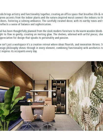 This design concept highlights my focus on biophilic design, incorporating a large, nature-inspired mural and plants to bring the calming effect of the outdoors into the office.