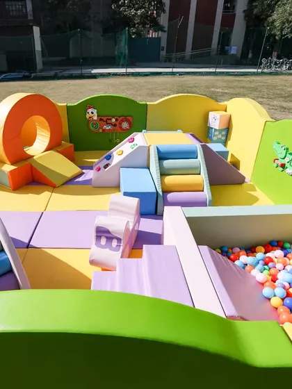 Another look at the complete setup, showing the variety of shapes, colors, and activities included in a standard rental.