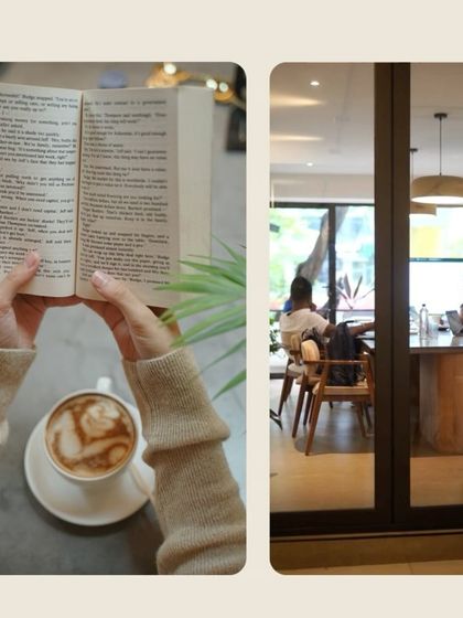 A collage showing two of our favorite activities: reading a book with a latte and collaborating in our conference room.