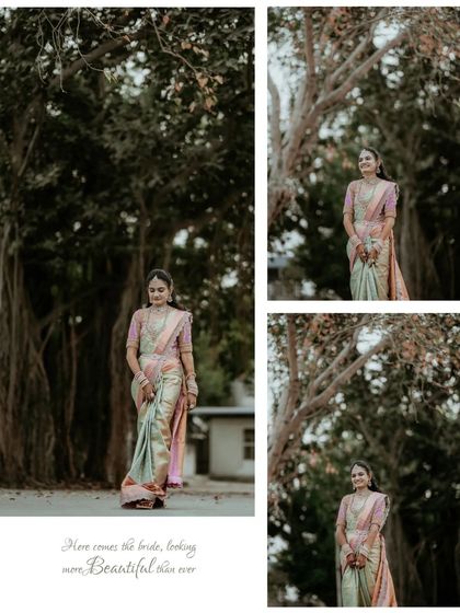 A collage of the bride's portraits, showcasing her beauty and elegance in her traditional wedding saree.