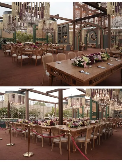 A collage showing the vast and luxurious dining arrangements. I can design and execute setups for thousands of guests, ensuring every table feels special.
