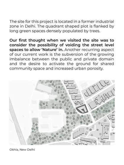 A site plan for the Mankind HQ in Delhi, located in a former industrial zone. The drawing illustrates the first thought upon visiting the site: to void the street-level spaces to allow nature in and activate the ground for shared community use.