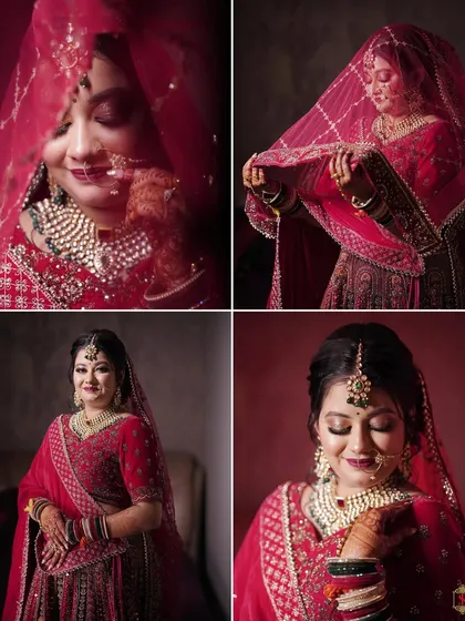 A collage of stunning bridal portraits, showcasing the bride's expressions and details of her red lehenga and veil.