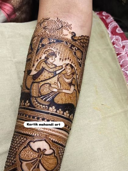 A close-up of a Sindoor ceremony portrait. This intimate and significant moment is captured with great detail and emotion, making the bridal mehandi truly special.