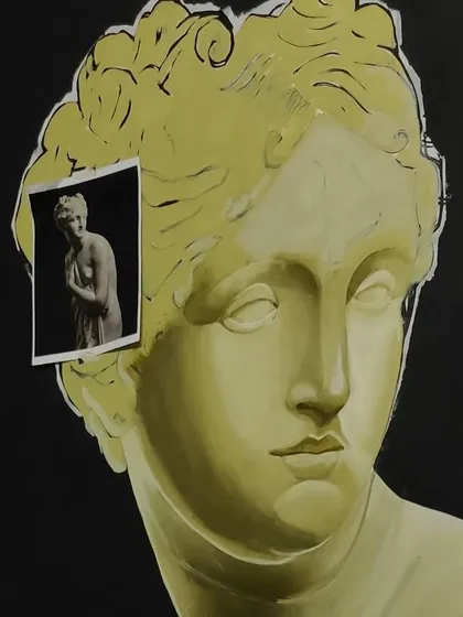 Here is the painting in progress, with the original reference photo of the sculpture visible. This shows how I translate a 3D object into a 2D artwork.