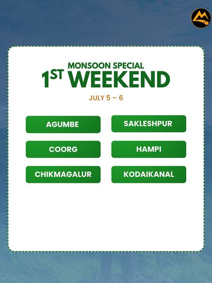 Our trip list for the 1st weekend of July. Choose from Agumbe, Sakleshpur, Coorg, Hampi, and Kodaikanal.