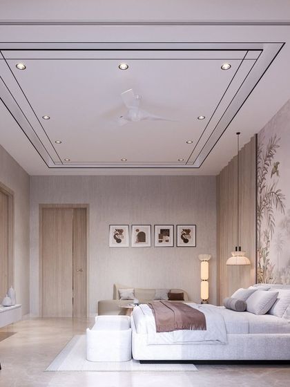 Another angle of the serene bedroom concept, highlighting the detailed ceiling design and the well-proportioned layout that includes a desk and a separate seating area.