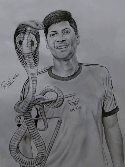 A commissioned pencil portrait of a man with a cobra, a piece created to support wildlife awareness.
