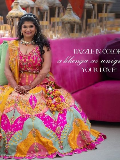 A lehenga as unique as your love. The bride's colorful outfit is a celebration of her personality, making her the center of attention on her special day.