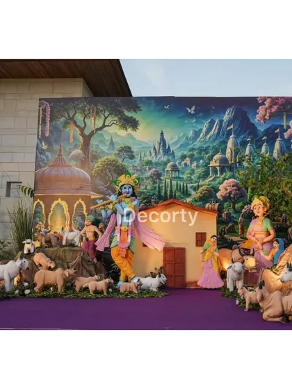 I bring the divine tales of Vrindavan to your celebration with this breathtaking backdrop. The scene depicts Krishna with his cows against a beautifully painted landscape, creating a serene and spiritual atmosphere.