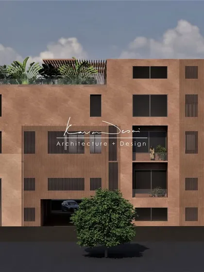 This architectural render showcases a complete lifestyle vision. An earthy, modern home with clean lines and bold volumes, crowned with the ultimate escape: a private rooftop garden and pool. This is where architecture and lifestyle become one.