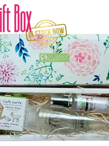 Our mini gift box, unboxed to show the natural and beautifully packaged products inside. It's a small box of love, perfect for gifting.