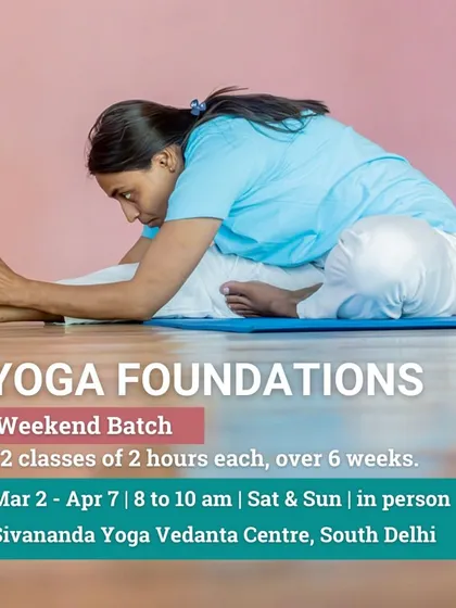 We offer weekend batches for our Yoga Foundations course, allowing you to immerse yourself in the practice over 6 weeks. The student is in Yoga Mudrasana, a posture for deep forward bending and introspection.