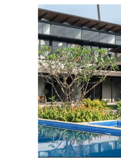 This Alibaug home is a response to the coastal, monsoon intensive climate. High, sloped solar fin roofs allow for thermal stack release and cooling, while deep verandahs create comfortable living spaces that keep moisture at bay.