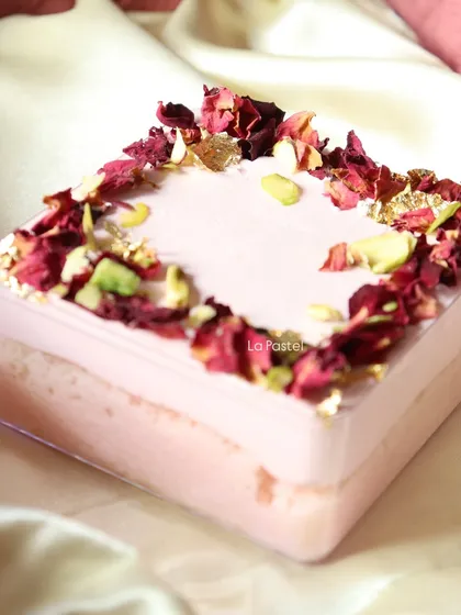 Another look at the beautiful Rose Tres Leches tub, with its soft pink hue and elegant toppings.