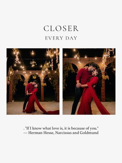 A beautifully designed graphic featuring a romantic pre-wedding photo with a quote, perfect for sharing as a digital announcement.