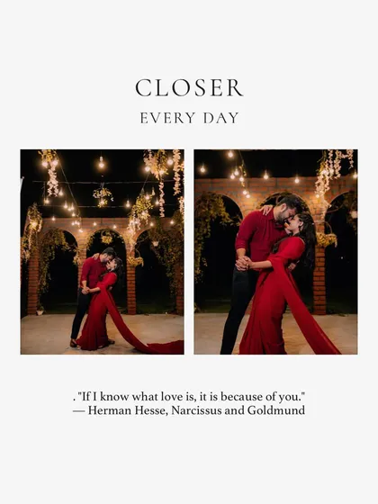 A beautifully designed graphic featuring a romantic pre-wedding photo with a quote, perfect for sharing as a digital announcement.