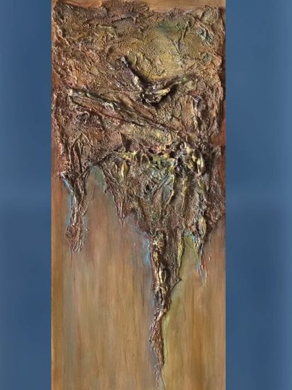 Another Wabi-Sabi artwork, this one a vertical piece on paper. The textures seem to drip down the page, creating a sense of organic movement.