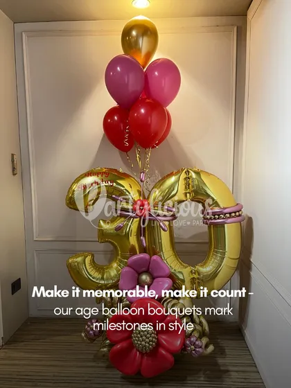 Make it memorable, make it count. Our age balloon bouquets, like this stunning '30' arrangement with red and gold accents, mark milestones in style.