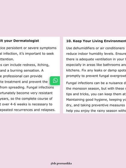 My final tips from the Times Entertainment feature on fungal infections: always consult a dermatologist for persistent symptoms and keep your living environment dry using dehumidifiers or air conditioners.